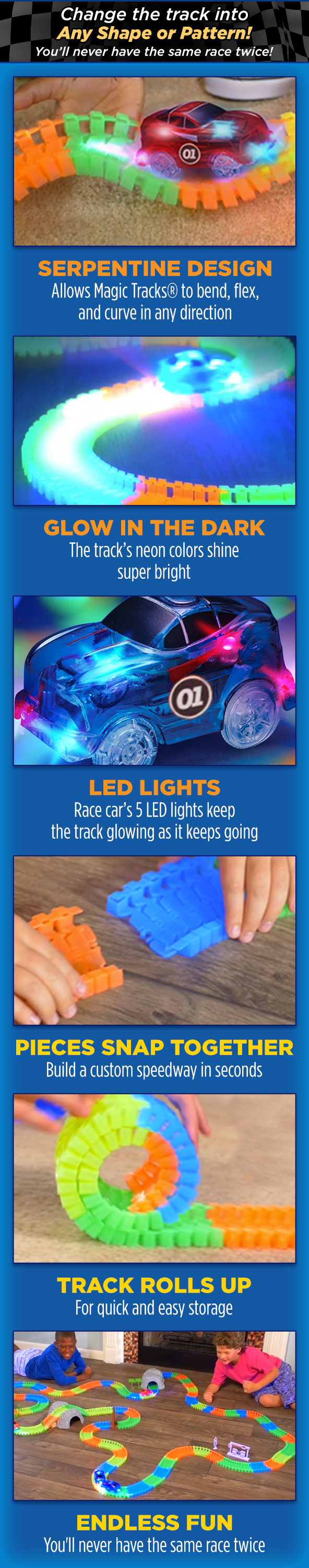 Ontel Magic Tracks Mega Set - 2 LED Race Cars and 18 ft. of Flexible,  Bendable Glow in the Dark Racetrack - As Seen on TV